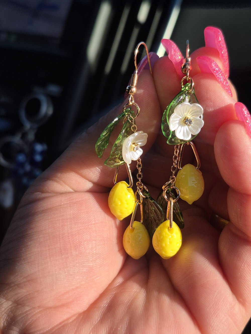 Yellow Lemon Drop Dangle Earrings ☆ White Blossom Flowers